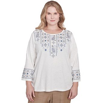 Plus Size Alfred Dunner Linear Embroidered Tie Sleeve Top