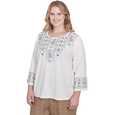 Plus Size Alfred Dunner Linear Embroidered Tie Sleeve Top
