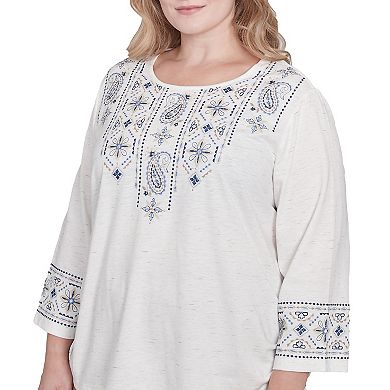 Plus Size Alfred Dunner Linear Embroidered Tie Sleeve Top