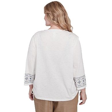Plus Size Alfred Dunner Linear Embroidered Tie Sleeve Top