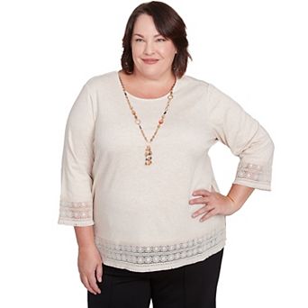 Plus Size Alfred Dunner Lace Trimmed Knit Top with Necklace