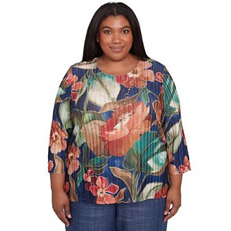 Plus Size Alfred Dunner Dramatic Summer Floral Top with Necklace