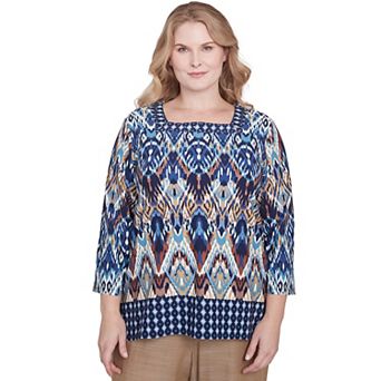 Plus Size Alfred Dunner Ikat Diamond Border Square Neck Top