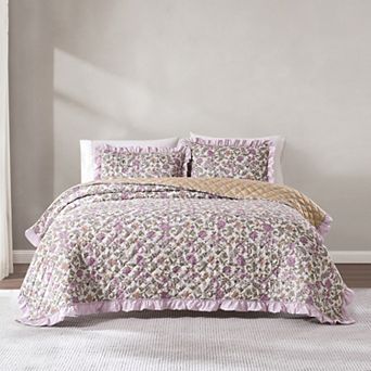 Lush Decor Lola 3 pc Block Print Ruffle Reversible Floral Quilt Set