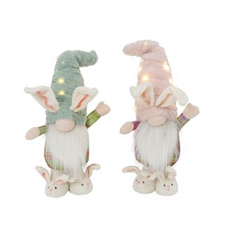 Gerson 17 in Lighted Fabric Easter Bunny Gnome Floor Decor 2 pc Set