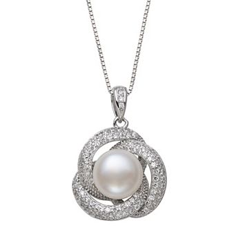 Sterling Silver Button Freshwater Cultured Pearl & Lab-Created White Sapphire Love Knot Pendant Necklace