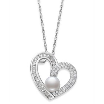 Sterling Silver Button Freshwater Cultured Pearl & Cubic Zirconia Heart Pendant Necklace