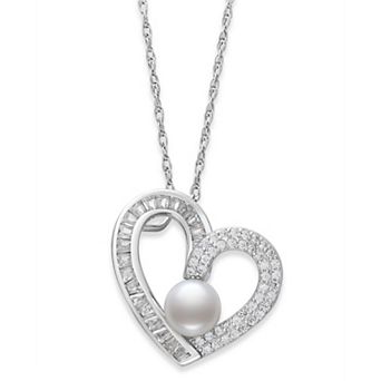 Sterling Silver Button Freshwater Cultured Pearl & Cubic Zirconia Heart Pendant Necklace