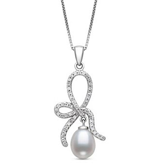 Sterling Silver Freshwater Cultured Pearl & Lab-Created White Sapphire Bow Pendant Necklace