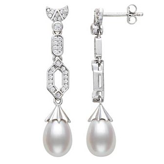 Sterling Silver Freshwater Cultured Pearl & Lab-Created White Sapphire Art Deco Drop Earrings