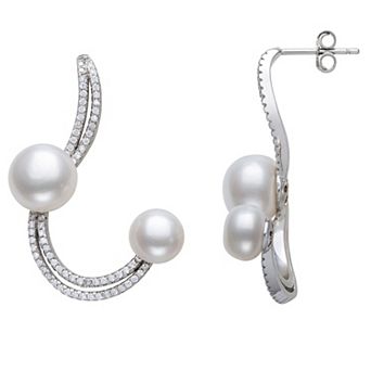 Sterling Silver Freshwater Cultured Pearl & Lab-Created White Sapphire Ear Climber Earrings