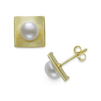 14k Gold Over Silver Button Freshwater Cultured Pearl Stud Earrings
