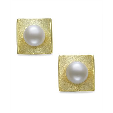 14k Gold Over Silver Button Freshwater Cultured Pearl Stud Earrings