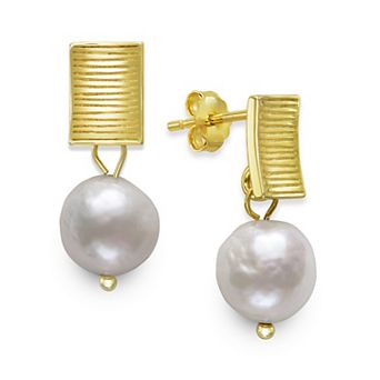 14k Gold Over Silver Baroque Freshwater Cultured Pearl Textured Rectangle Drop Earrings