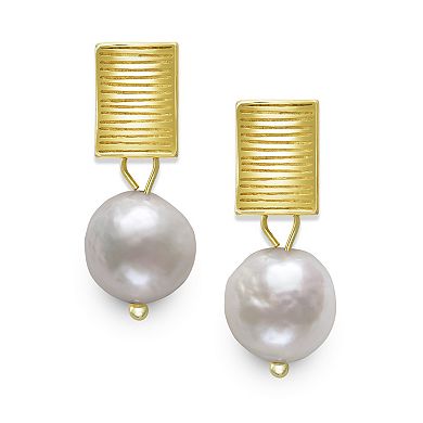 14k Gold Over Silver Baroque Freshwater Cultured Pearl Textured Rectangle Drop Earrings