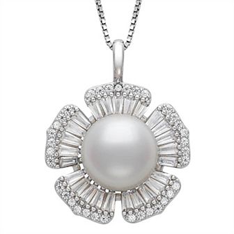 Sterling Silver Button Freshwater Cultured Pearl & Cubic Zirconia Flower Pendant Necklace