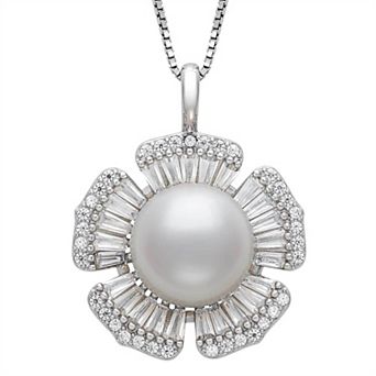 Sterling Silver Button Freshwater Cultured Pearl & Cubic Zirconia Flower Pendant Necklace