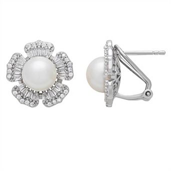 Sterling Silver Button Freshwater Cultured Pearl & Cubic Zirconia Earrings