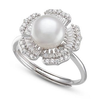 Sterling Silver Button Freshwater Cultured Pearl & Cubic Zirconia Crystal Flower Ring