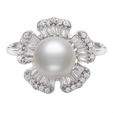 Sterling Silver Button Freshwater Cultured Pearl & Cubic Zirconia Crystal Flower Ring