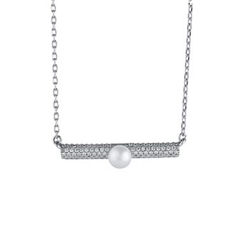 Sterling Silver Freshwater Cultured Pearl & Lab-Created White Sapphire Bar Pendant Necklace