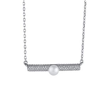 Sterling Silver Freshwater Cultured Pearl & Lab-Created White Sapphire Bar Pendant Necklace