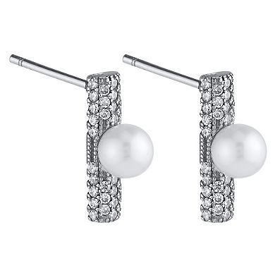 Sterling Silver Freshwater Cultured Pearl & Lab-Created White Sapphire Vertical Bar Stud Earrings
