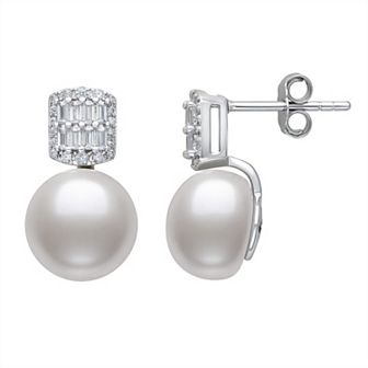 Sterling Silver Lab-Created Sapphire & Freshwater Pearl Stud Earrings