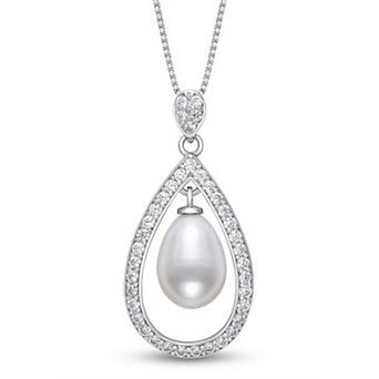 Sterling Silver Freshwater Cultured Pearl & Lab-Created White Sapphire Teardrop Pendant Necklace