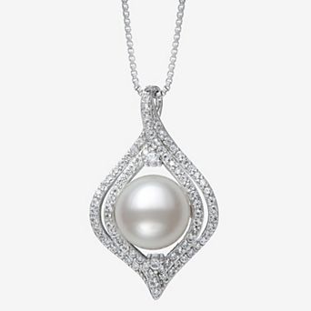 Sterling Silver Freshwater Cultured Pearl & Lab-Created White Sapphire Twist Frame Pendant Necklace
