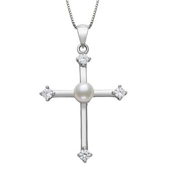 Sterling Silver Freshwater Cultured Pearl & Cubic Zirconia Cross Pendant Necklace