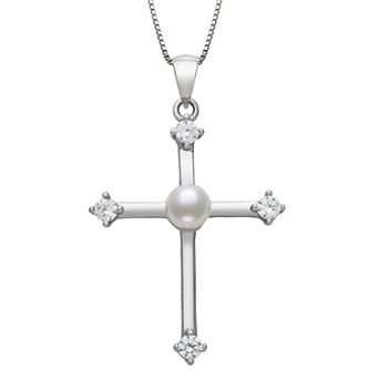 Sterling Silver Freshwater Cultured Pearl & Cubic Zirconia Cross Pendant Necklace