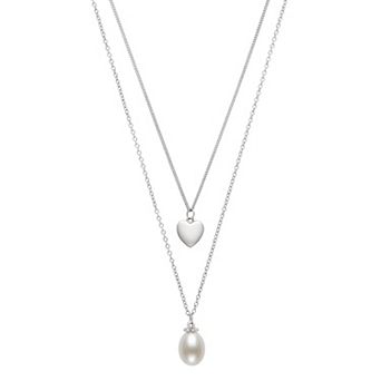 Sterling Silver Freshwater Cultured Pearl & Heart Charm 2-Row Necklace