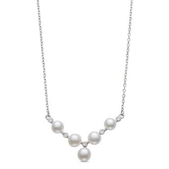 Sterling Silver Freshwater Cultured Pearl & Lab-Created White Sapphire Chevron Necklace