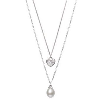 Sterling Silver Lab-Created Sapphire & Cultured Freshwater Pearl Drop Layered Necklace