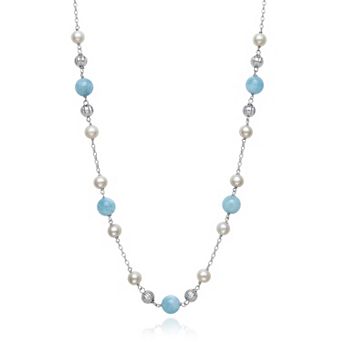 Sterling Silver Freshwater Cultured Pearl & Aquamarine Bead Necklace