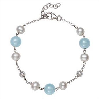 Sterling Silver Freshwater Cultured Pearl & Aquamarine Bead Bracelet