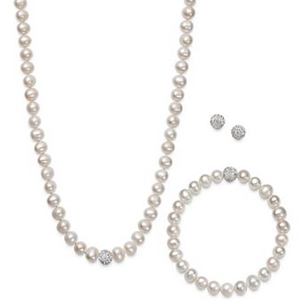Sterling Silver Pink Freshwater Cultured Pearl & Crystal Necklace, Bracelet & Earring Set