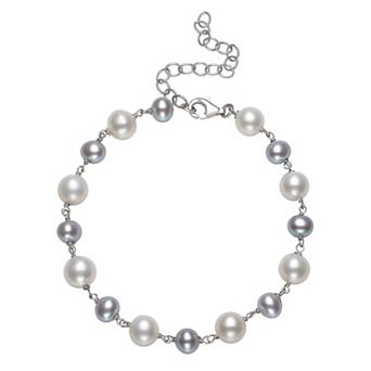 Sterling Silver White & Gray Freshwater Cultured Pearl Station Bracelet
