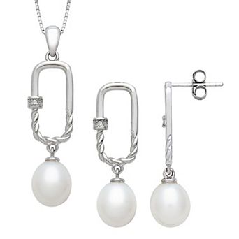 Sterling Silver Freshwater Cultured Pearl & Lab-Created White Sapphire Twisted Link Pendant & Earring Set