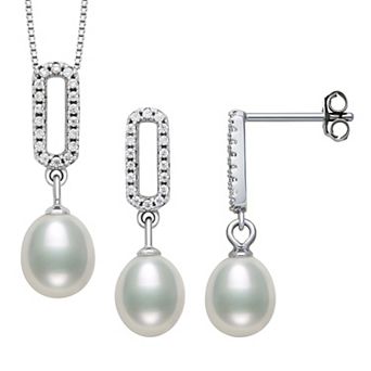 Sterling Silver Lab-Created Sapphire & Freshwater Cultured Pearl Drop Pendant & Earring Set