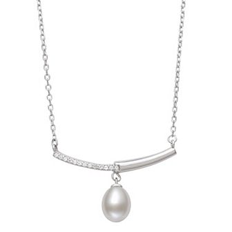 Sterling Silver Freshwater Cultured Pearl & Lab-Created White Sapphire Bar Pendant Necklace