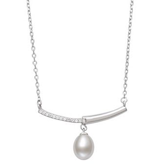 Sterling Silver Freshwater Cultured Pearl & Lab-Created White Sapphire Bar Pendant Necklace