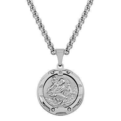 Stainless Steel Diamond Accent St. Christopher Medal Pendant Necklace