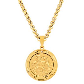 Stainless Steel Diamond Accent St. Christopher Medal Pendant Necklace