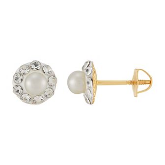 14k Gold Crystal & Freshwater Cultured Pearl Circle Earrings
