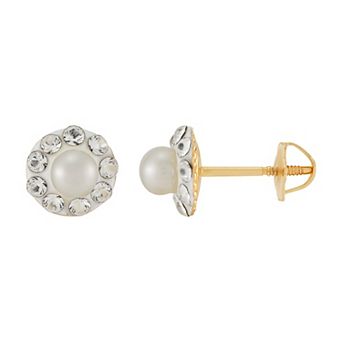 14k Gold Crystal & Freshwater Cultured Pearl Circle Earrings