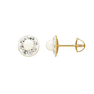 14k Gold Crystal & Freshwater Cultured Pearl Circle Earrings