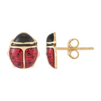 14k Gold Red Enamel Ladybug Button Earrings