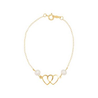 14k Gold Freshwater Cultured Pearl Double Open Heart Bracelet